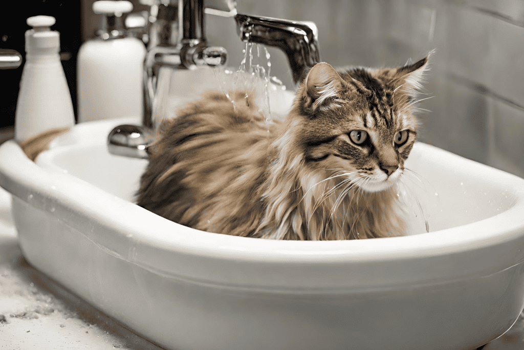 cat bathing in a sink
