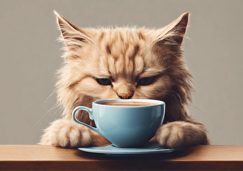 a cat drinking coffee