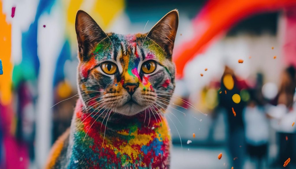 a cat with a lot of colors in the background