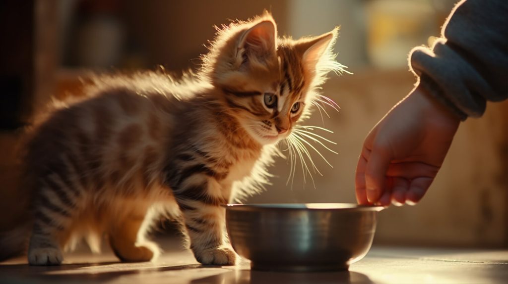 a kitten getting fed