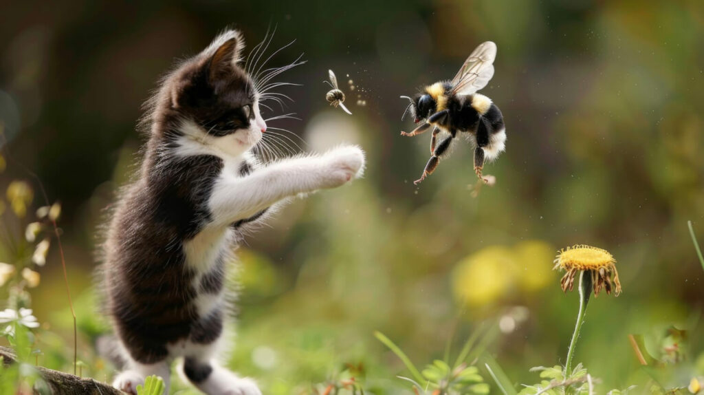 a cat playing with the bee