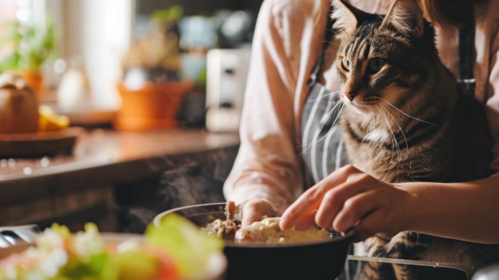 a cat and a person eating in the kitchen